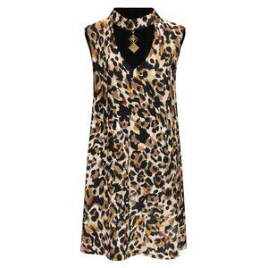 Lux II Leopard Print Shift Dress Gold Pendant Choker Neck Women 14 Mob Wife